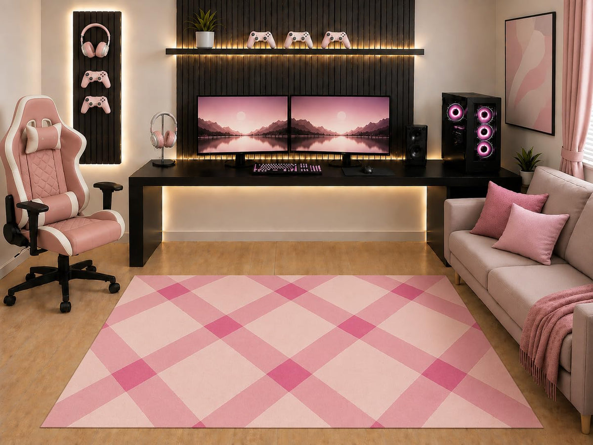 ICE ARMOR "Ultra Light Weight 5' x 7' Pink Plaid Area Rug Modern Checkered Geometric Pattern for Girls Teen Bedroom Gaming Room Playroom Non-Slip Silicone Backing Low Pile