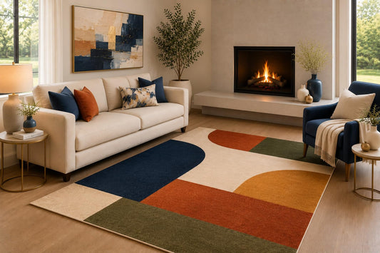 ICE ARMOR 6'7" x 9'10" Retro Geometric Area Rug for Living Room, Soft Low Pile Indoor Rug with Non-Slip Silicone Backing, Large Decorative Carpet for Bedroom, Dining Room and Office, Multicolored