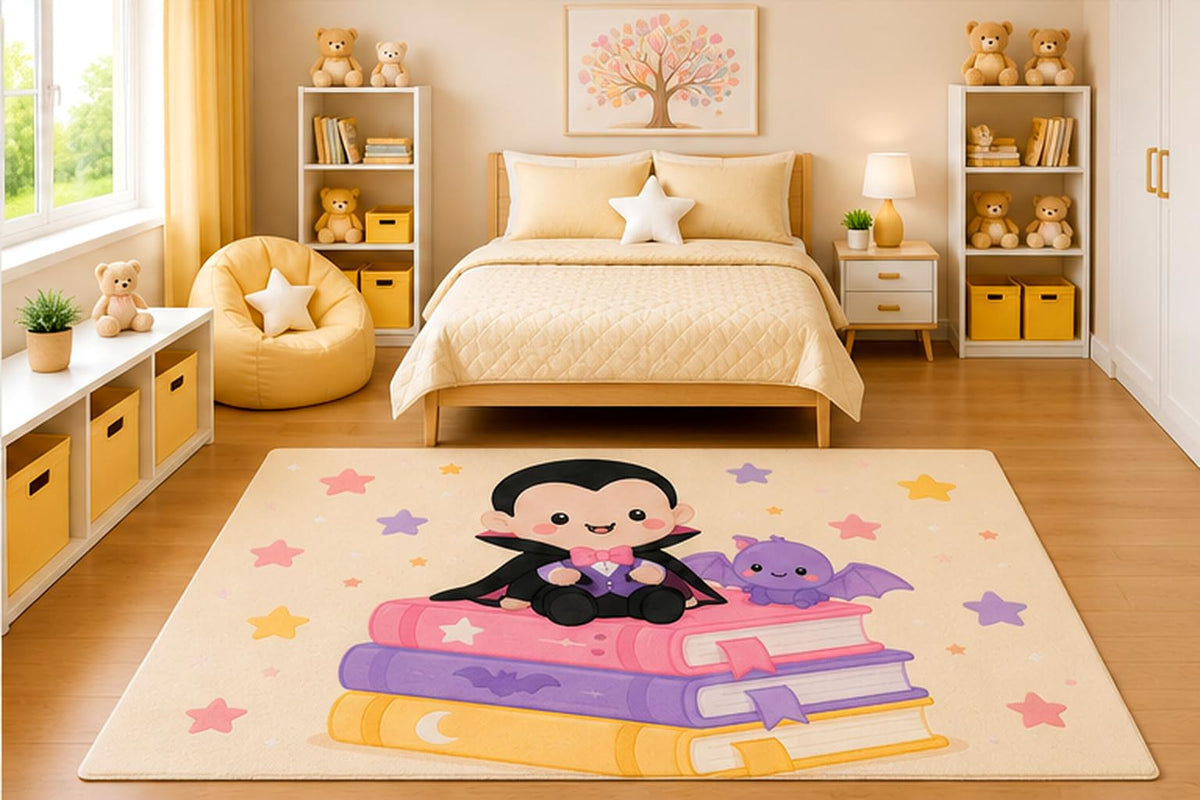 ICE ARMOR 5' x 7' Cute Baby Vampire Sitting on Storybooks with Bat Area Rug for Kids Bedroom Nursery Playroom Scandinavian Minimalist Kawaii Reading Decor Non-Slip Silicone Backing Low Pile
