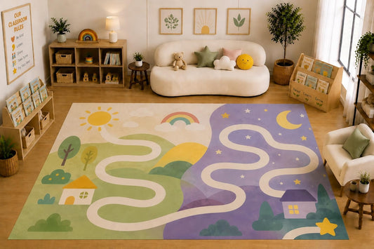 ICE ARMOR Large 6'7" x 9'10" Day and Night Pathway Area Rug for for Kids Room, Classroom, Bedroom, Playroom Decor, Soft Low Pile Indoor Rug with Non-Slip Silicone Backing, Pastel Multicolor