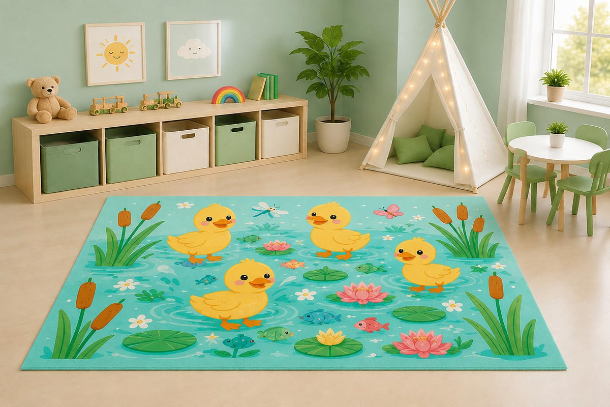 ICE ARMOR 5' x 7' Cute Ducklings Pond Area Rug for Kids Playroom Nursery Bedroom, Baby Ducks Lily Pads Flowers Nature Farm Cartoon Decor, Non-Slip Silicone Backing Low Pile