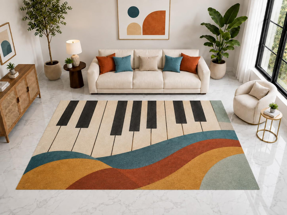 ICE ARMOR "Ultra Light Weight Large 6'7" x 9'10" Piano Keys Wave Rug, Soft Low Pile Indoor Rug, Non-Slip Silicone Backing for Living Room Beige