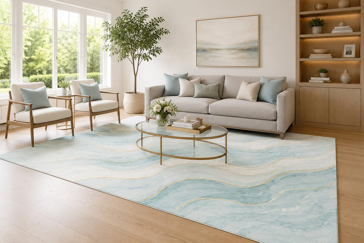 ICE ARMOR Large 6'7" x 9'10" Powder Blue and Cream Flowing Marble Waves Area Rug for Living Room, Soft Low Pile Carpet with Non-Slip Backing for Bedroom, Dining Room and Office