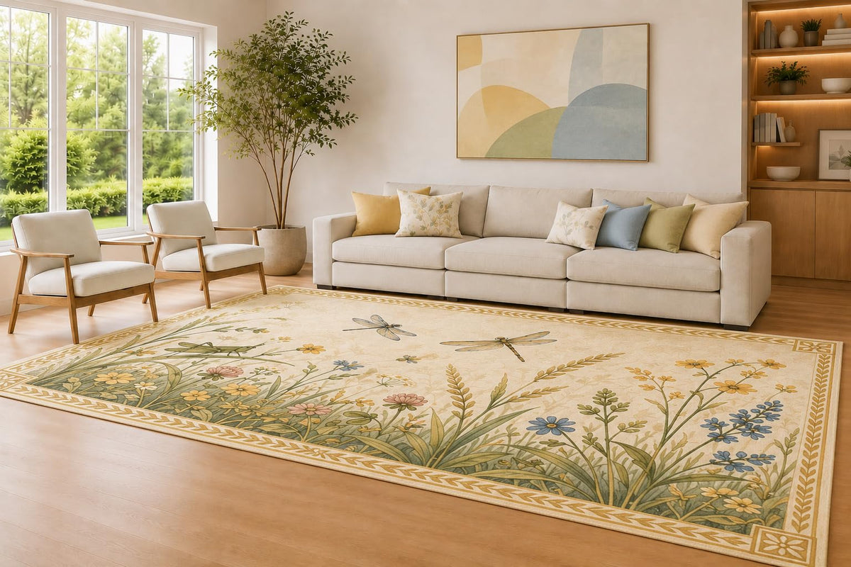 ICE ARMOR Large 6'7" x 9'10" Cream and Yellow Dragonfly Garden Area Rug for Living Room, Soft Low Pile Carpet with Non-Slip Silicone Backing, Decor for Bedroom and Home Office