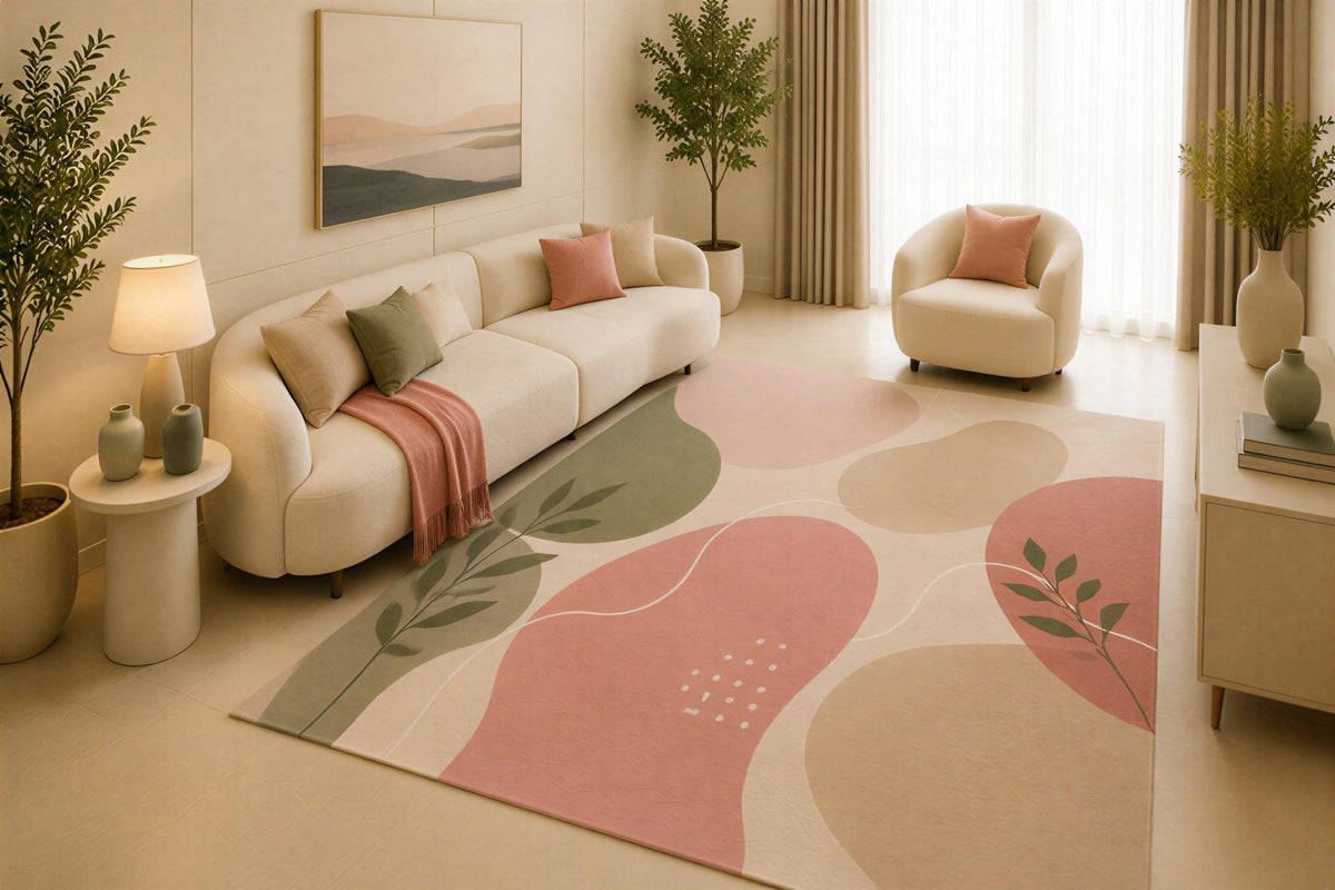 ICE ARMOR 5' x 7' Abstract Botanical Area Rug, Blush Pink Sage Green Organic Shape Design for Living Room Bedroom Office, Non-Slip Silicone Backing, Low Pile Carpet