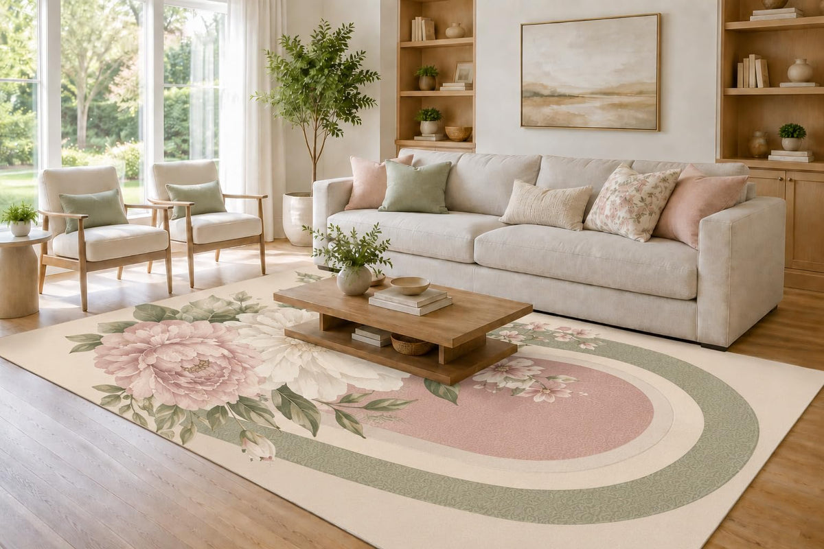 ICE ARMOR Large 6'7" x 9'10" Blush and Sage Green Oval Peony Medallion Area Rug for Living Room, Soft Low Pile Carpet with Non-Slip Silicone Backing, Decor for Bedroom and Home Office