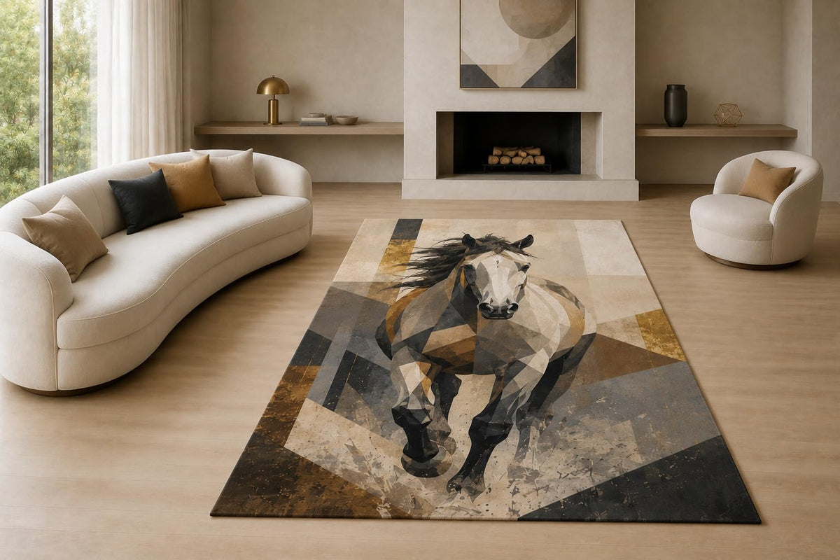 ICE ARMOR "Ultra Lightweight Large 6'7" x 9'10" Geometric Horse Area Rug for Living Room, Bedroom and Home Office, Soft Low Pile Carpet with Non-Slip Silicone Backing, Beige and Brown