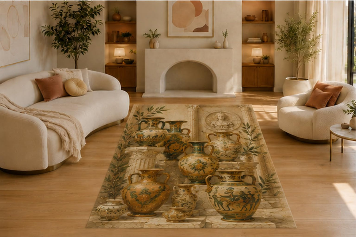 ICE ARMOR 5' x 7' Antique Mediterranean Ceramic Vase Area Rug, Soft Low Pile Indoor Rug with Non-Slip Silicone Backing, Decorative Carpet for Living Room, Dining Room, Beige