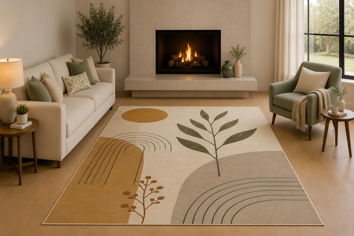 ICE ARMOR 5' x 7' Modern Botanical Geometric Area Rug with Non-Slip Silicone Backing Low Pile Soft Carpet for Living Room Bedroom Office Neutral Abstract Decor