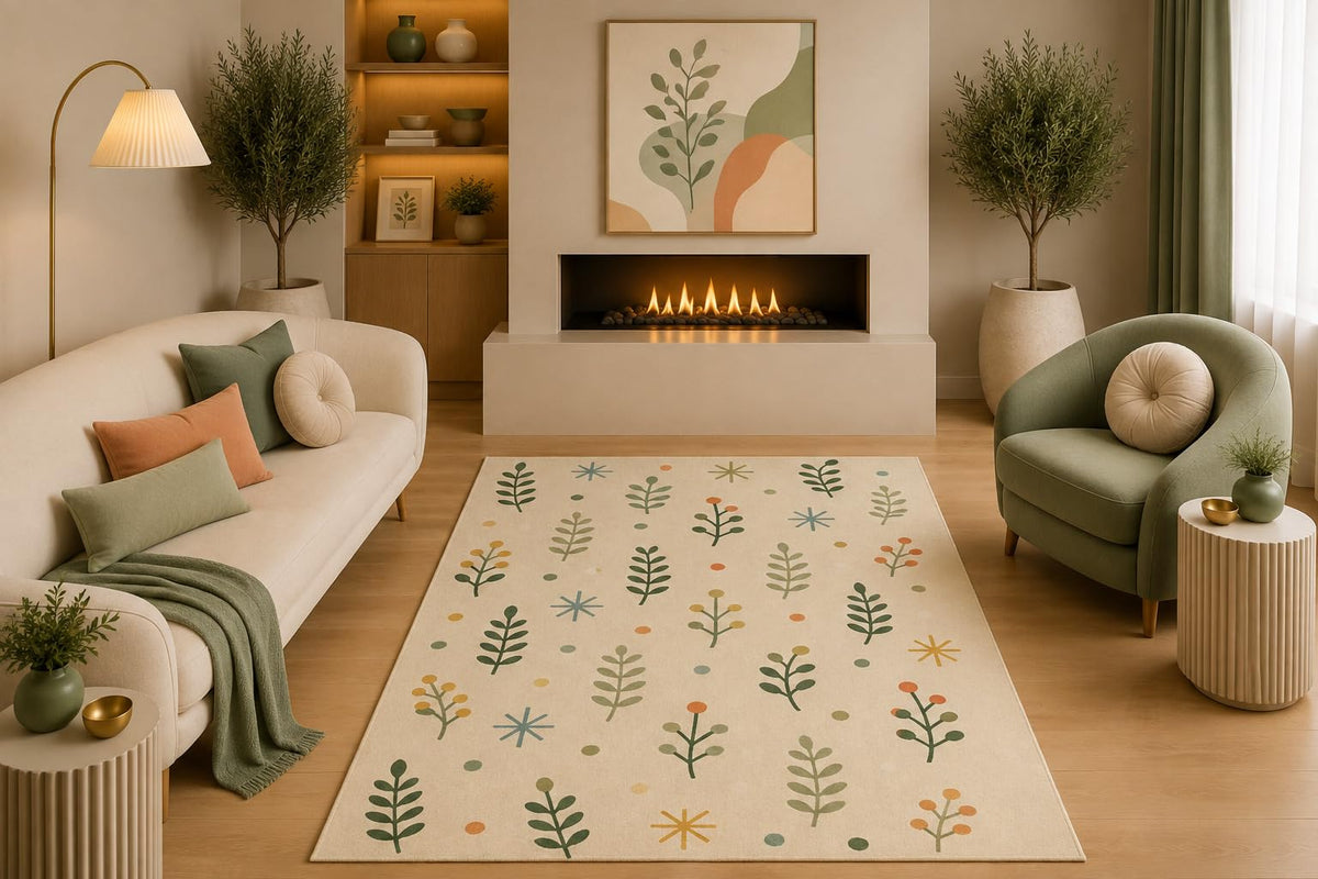 ICE ARMOR 5' x 7' Scandinavian Botanical Area Rug Green Leaf and Star Pattern Cream for Living Room Bedroom Dining Room Nursery Non-Slip Silicone Backing Low Pile