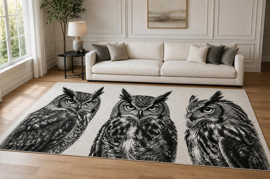 ICE ARMOR "Ultra Lightweight Large 6'7" x 9'10" Owl Sketch Trio Area Rug for Living Room, Bedroom and Home Office, Soft Low Pile Carpet with Non-Slip Silicone Backing, Black and White