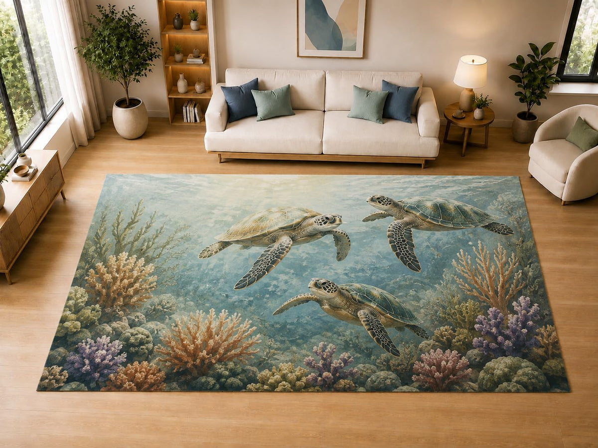 ICE ARMOR "Ultra Light Weight Large 6'7" x 9'10" Sea Turtle Coral Reef Decor, Living Room, Bedroom, Dining Room, Office, Family Room, Soft Low Pile Indoor Rug, Non-Slip Silicone Backing, Blue