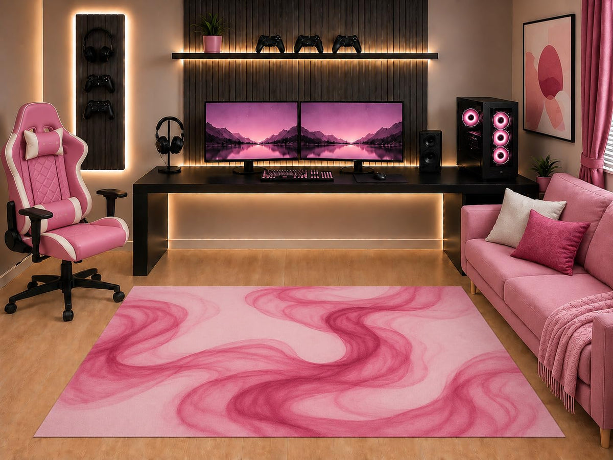 ICE ARMOR "Ultra Light Weight 5' x 7' Pink Blush Smoke Swirl Area Rug Modern Abstract Flowing Art for Gaming Room Bedroom Living Room Non-Slip Silicone Backing Low Pile