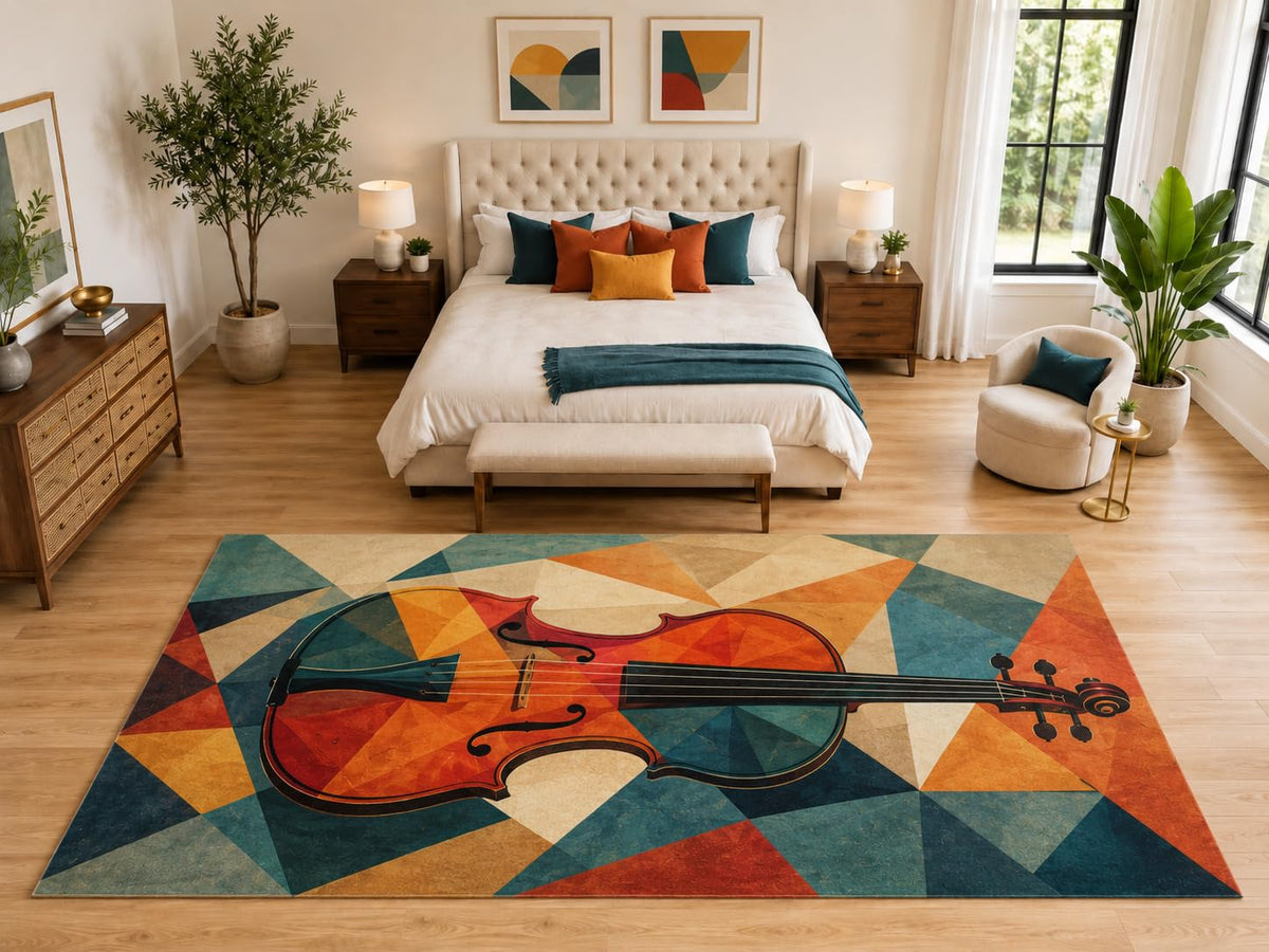 ICE ARMOR "Ultra Light Weight Large 6'7" x 9'10" Geometric Violin Rug, Soft Low Pile Indoor Rug, Non-Slip Silicone Backing for Bedroom Orange