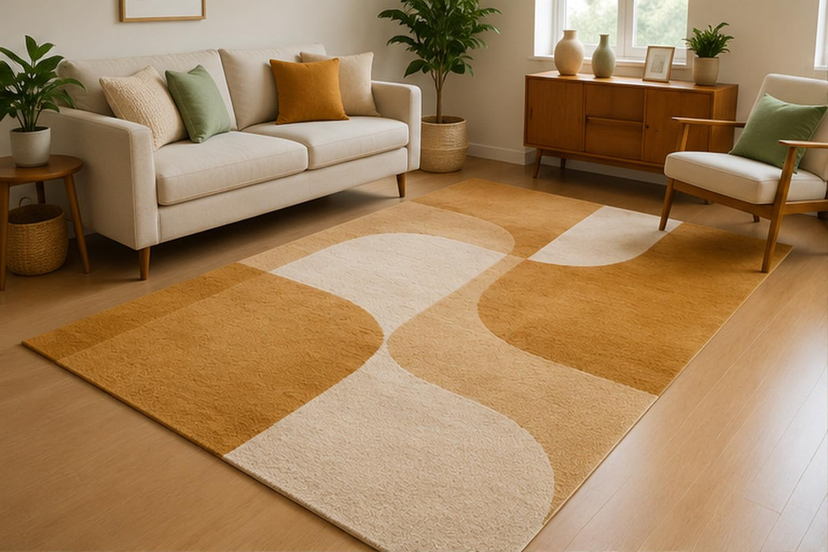 ICE ARMOR 5' x 7' Modern Geometric Block Area Rug for Living Room, Soft Low Pile Indoor Rug with Non-Slip Silicone Backing, Carpet for Bedroom, Dining Room, Office, Family Room, Mustard Beige