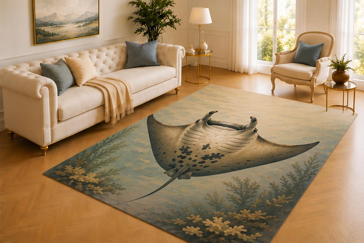 ICE ARMOR 5' x 7' Manta Ray Rug, Serene Ocean Wildlife in Coral Garden Art, Smooth Printed Floor Cover for Living Room, Bedroom, Office and Coastal Decor