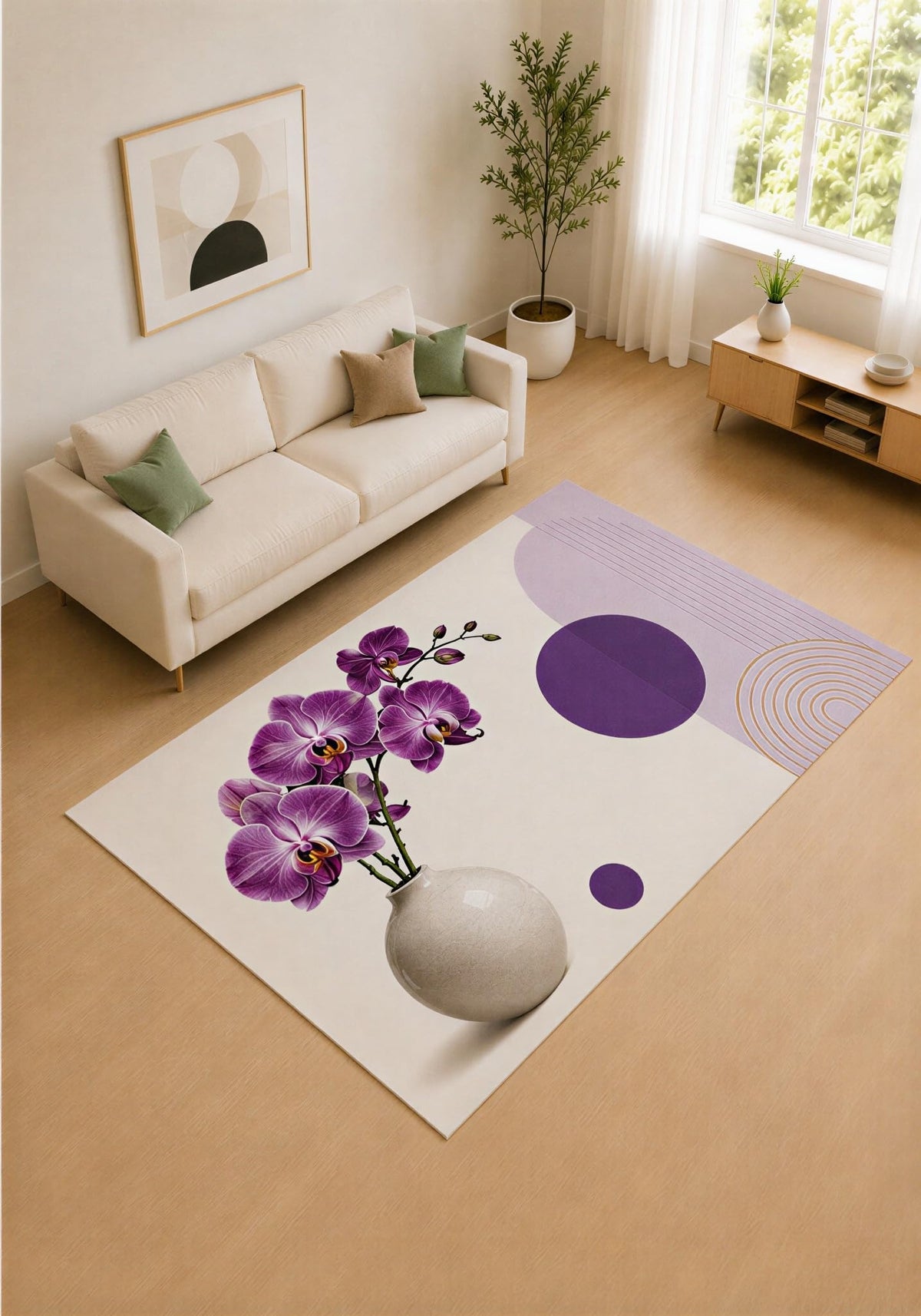 ICE ARMOR 5' x 7' Purple and Ivory Orchid Vase Area Rug for Living Room, Soft Low Pile Carpet with Non-Slip Silicone Backing, Decor for Bedroom and Home Office
