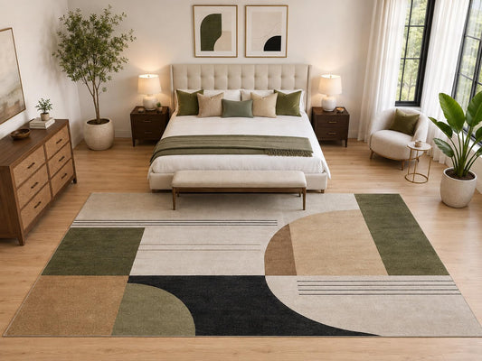 ICE ARMOR "Ultra Light Weight Large 6'7" x 9'10" Olive Geometric Modern Rug, Soft Low Pile Indoor Rug, Non-Slip Silicone Backing for Living Room Beige
