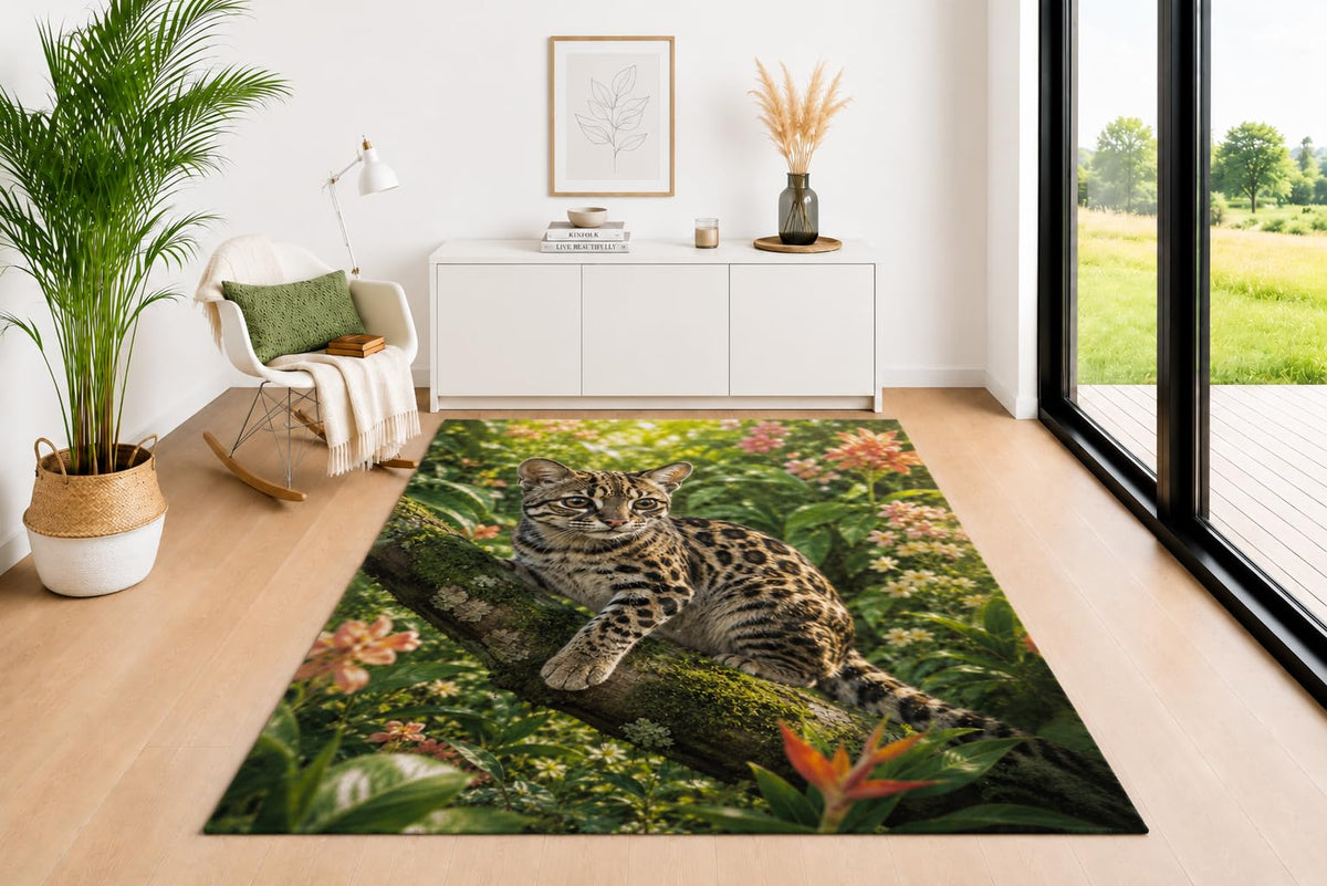 ICE ARMOR 5' x 7' Ocelot Wild Cat Area Rug for Living Room, Soft Low Pile Indoor Rug with Non-Slip Silicone Backing, Decorative Carpet for Bedroom, Office, Kids & Pets, Green