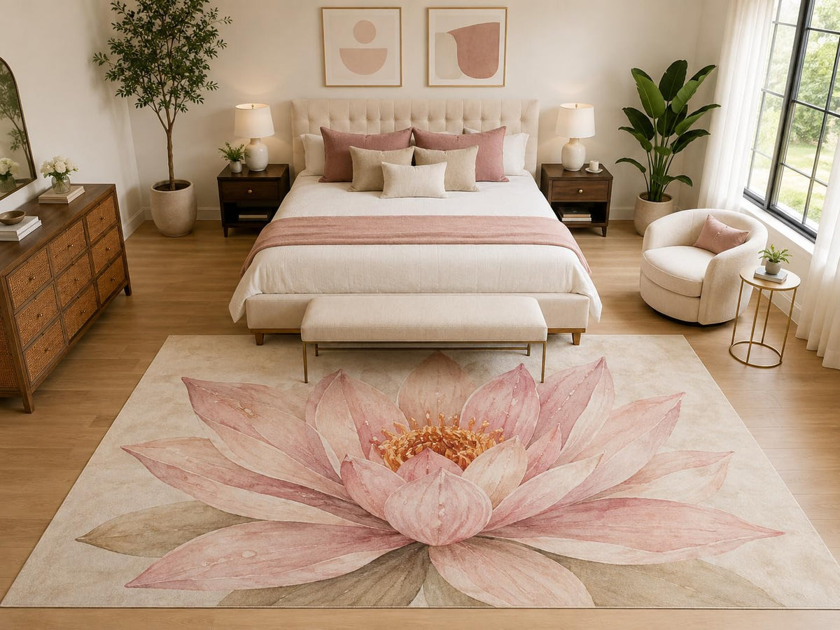ICE ARMOR "Ultra Light Weight Large 6'7" x 9'10" Pink Lotus Blossom Rug, Soft Low Pile Indoor Rug, Non-Slip Silicone Backing for Bedroom Pink