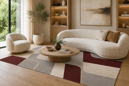 ICE ARMOR 6'7" x 9'10" Burgundy and Gray Retro Geometric Area Rug for Living Room, Soft Low Pile Carpet with Non-Slip Silicone Backing, Floor Decor for Bedroom, Dining Area and Home Office