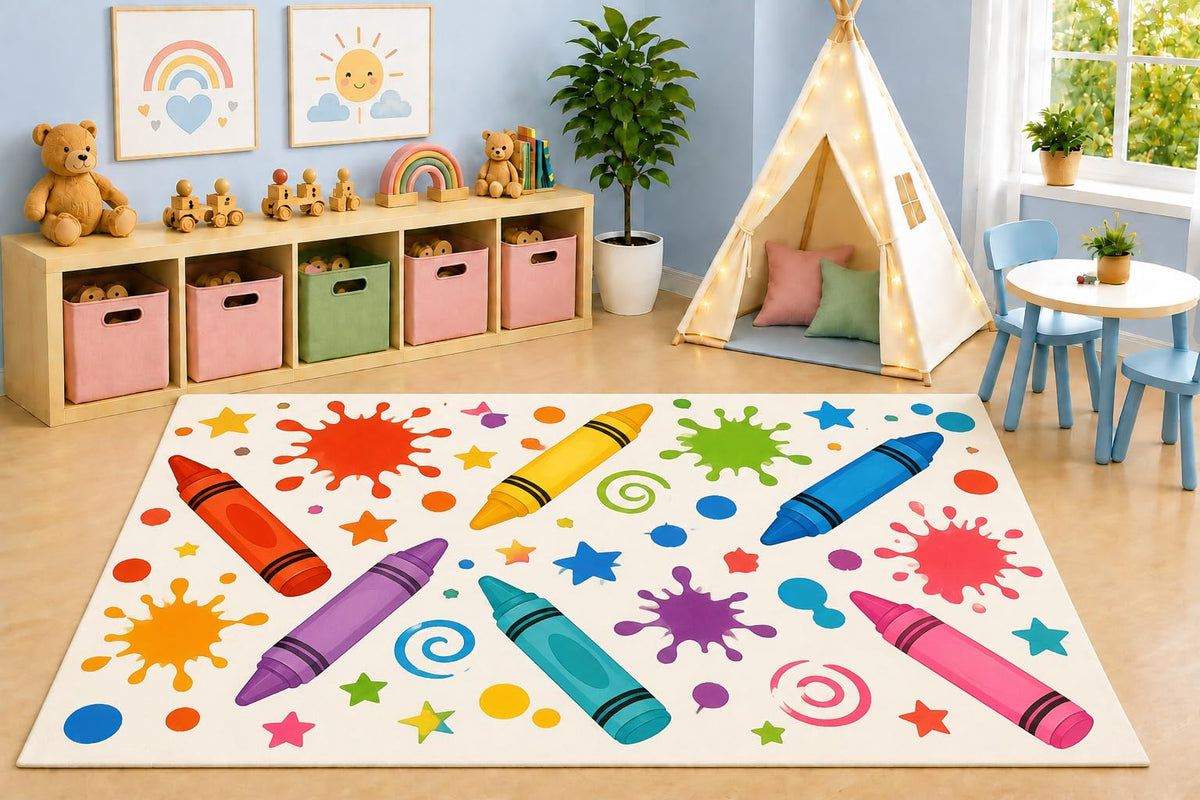 ICE ARMOR 5' x 7' Colorful Crayons Paint Splash Area Rug, Creative Art School Kids Playroom Classroom Nursery Bedroom Rug, Non-Slip Silicone Backing Low Pile