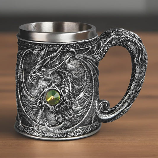 ICE ARMOR Hand Painted 7" W Dragon Stainless Steel/Resin Beer Mug Tankard – Vintage Drinkware Cup for Beer, Coffee, Juice, Ale & Beverages, Rustic Barware (Wash by Hand only)