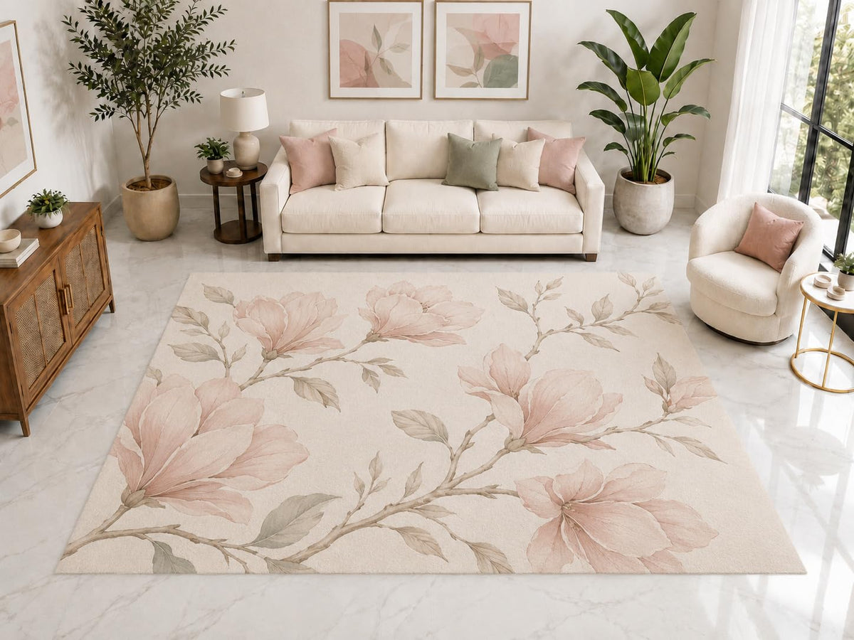 ICE ARMOR "Ultra Light Weight Large 6'7" x 9'10" Pink Magnolia Branch Rug, Soft Low Pile Indoor Rug, Non-Slip Silicone Backing for Bedroom Pink Cream