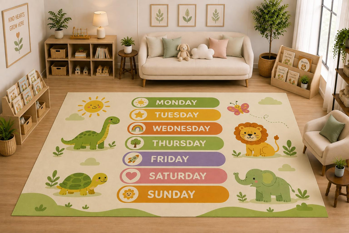 ICE ARMOR Large 6'7" x 9'10" Days of the Week Animal Learning Area Rug for for Kids Room, Classroom, Bedroom, Playroom Decor, Soft Low Pile Indoor Rug with Non-Slip Silicone Backing, Green Cream
