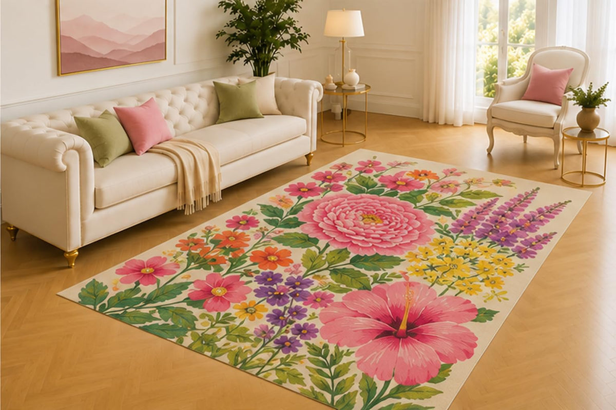 ICE ARMOR 5' x 7' Peony Garden Rug, Pink Hibiscus, Purple Sprigs and Yellow Blooms with Lush Foliage, Colorful Accent for Living Room, Main Bedroom or Office