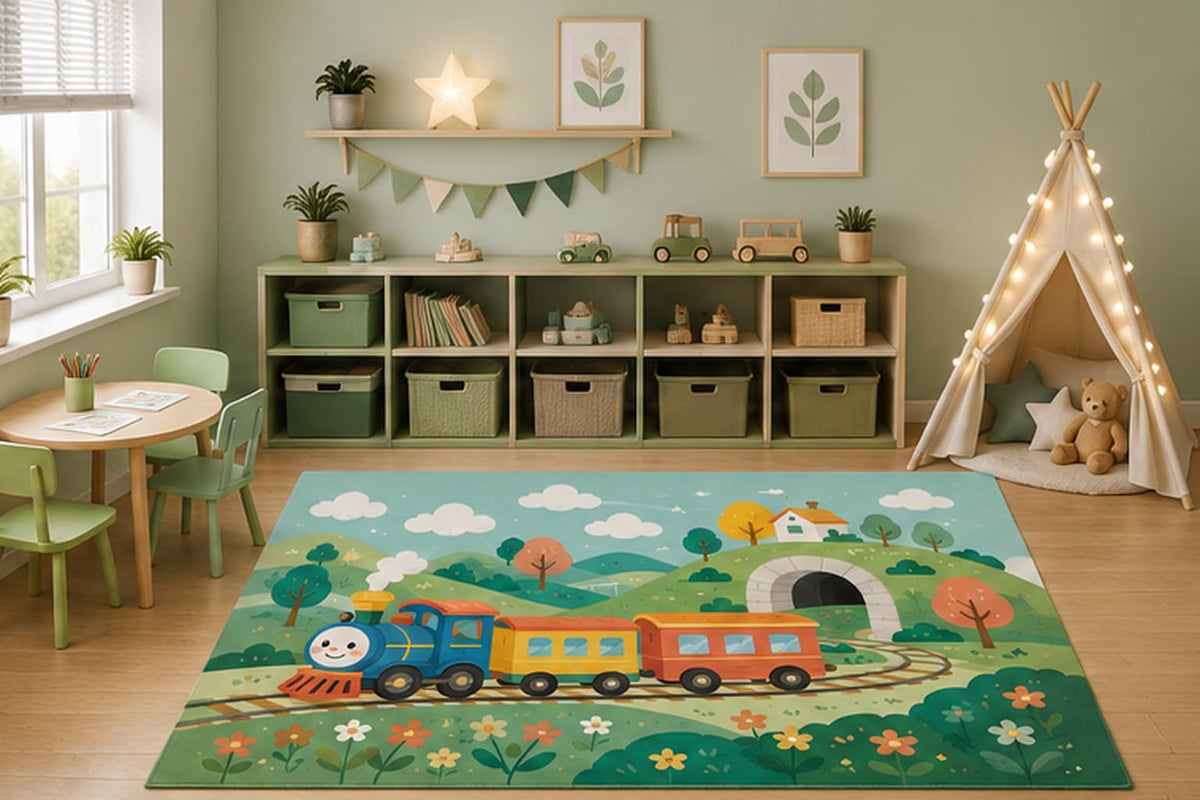 ICE ARMOR 5' x 7' Train Adventure Landscape Area Rug for Kids Playroom Nursery Bedroom, Railway Tunnel Cartoon Transportation Carpet, Non-Slip Silicone Backing Low Pile