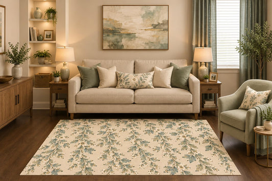 ICE ARMOR 5' x 7' Cottagecore Botanical Vine Area Rug Vintage Floral Leaf Pattern Cream Green Living Room Bedroom Dining Room Decor Non-Slip Silicone Backing Low Pile