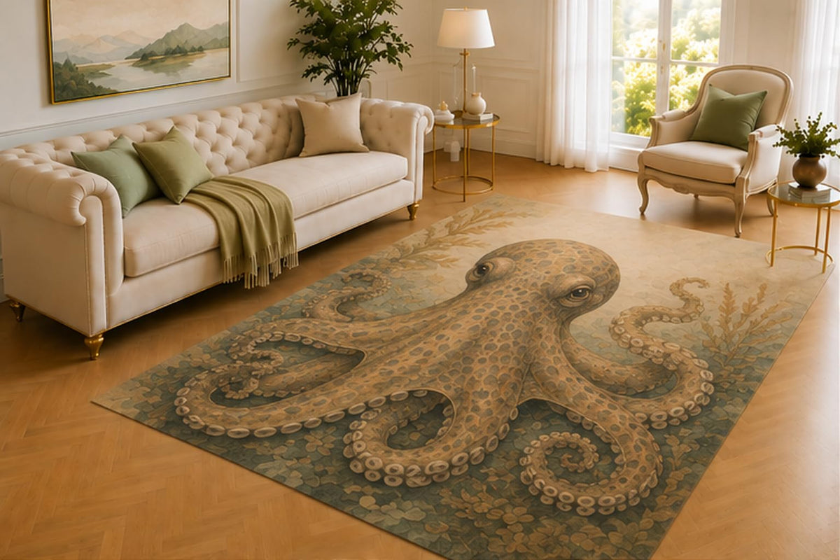 ICE ARMOR 5' x 7' Octopus Rug, Detailed Sea Creature with Curling Tentacles, Soft Printed Floor Cover for Living Room, Bedroom, Office and Nautical Home Decor