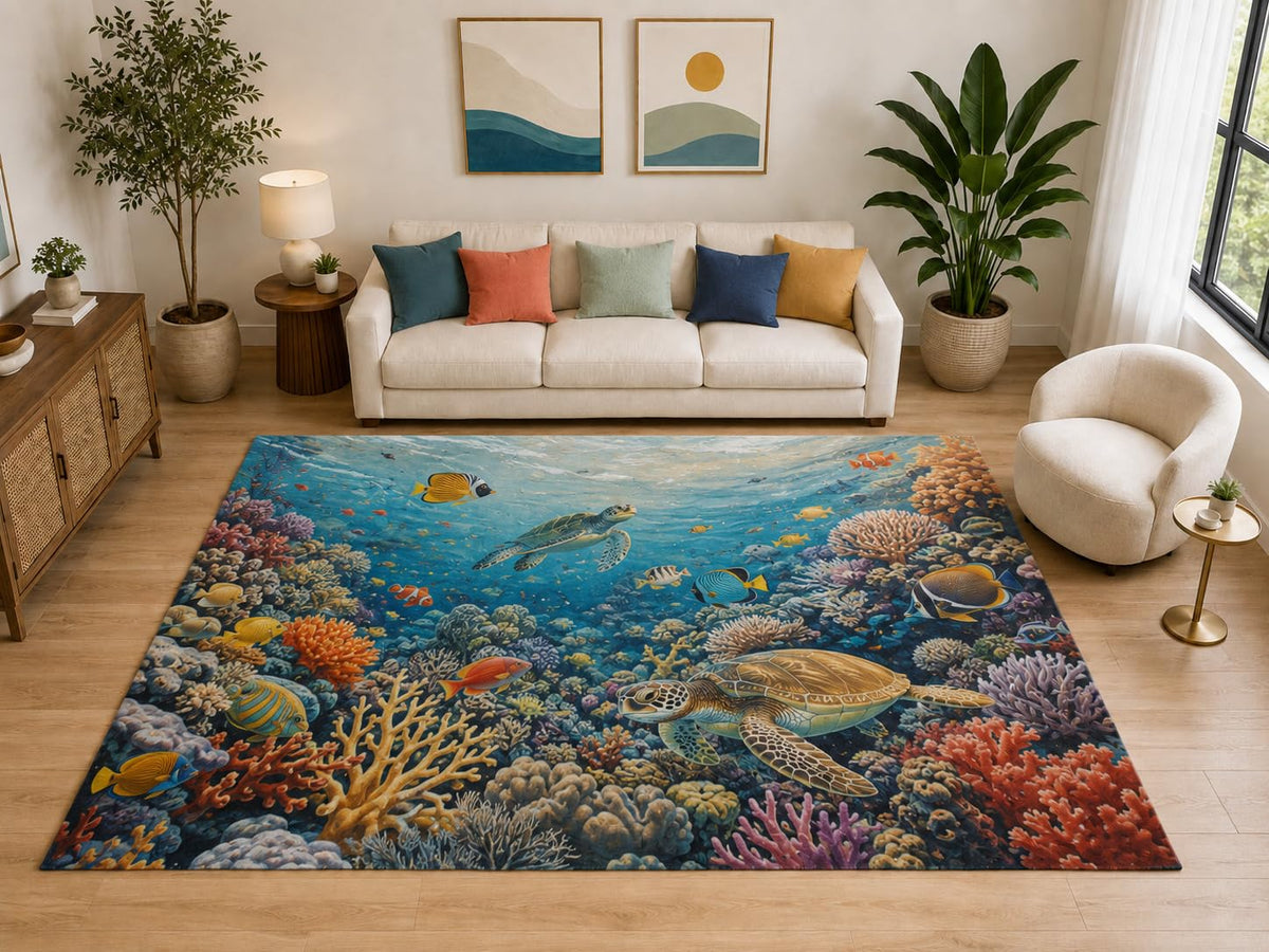 ICE ARMOR "Ultra Light Weight Large 6'7" x 9'10" Sea Turtle Reef Rug for Living Room, Soft Low Pile Indoor Rug and Non-Slip Silicone Backing, Blue