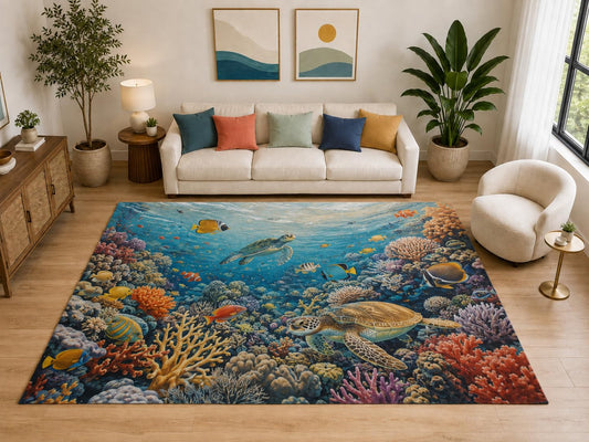 ICE ARMOR "Ultra Light Weight Large 6'7" x 9'10" Sea Turtle Reef Rug for Living Room, Soft Low Pile Indoor Rug and Non-Slip Silicone Backing, Blue