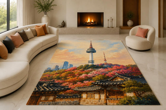 ICE ARMOR "Ultra Lightweight Large 6'7" x 9'10" Seoul Tower Autumn Area Rug for Living Room, Bedroom and Home Office, Soft Low Pile Carpet with Non-Slip Silicone Backing, Orange and Blue
