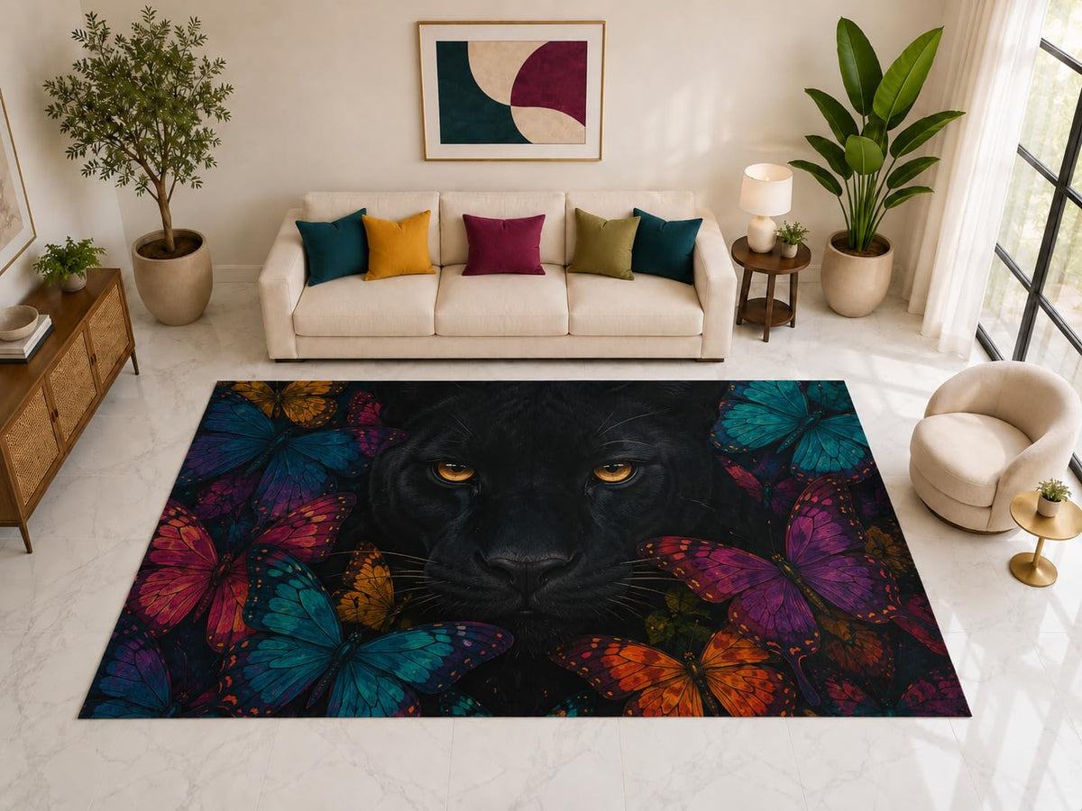 ICE ARMOR "Ultra Light Weight Large 6'7" x 9'10" Black Panther Butterfly Rug, Soft Low Pile Indoor Rug, Non-Slip Silicone Backing for Bedroom Black