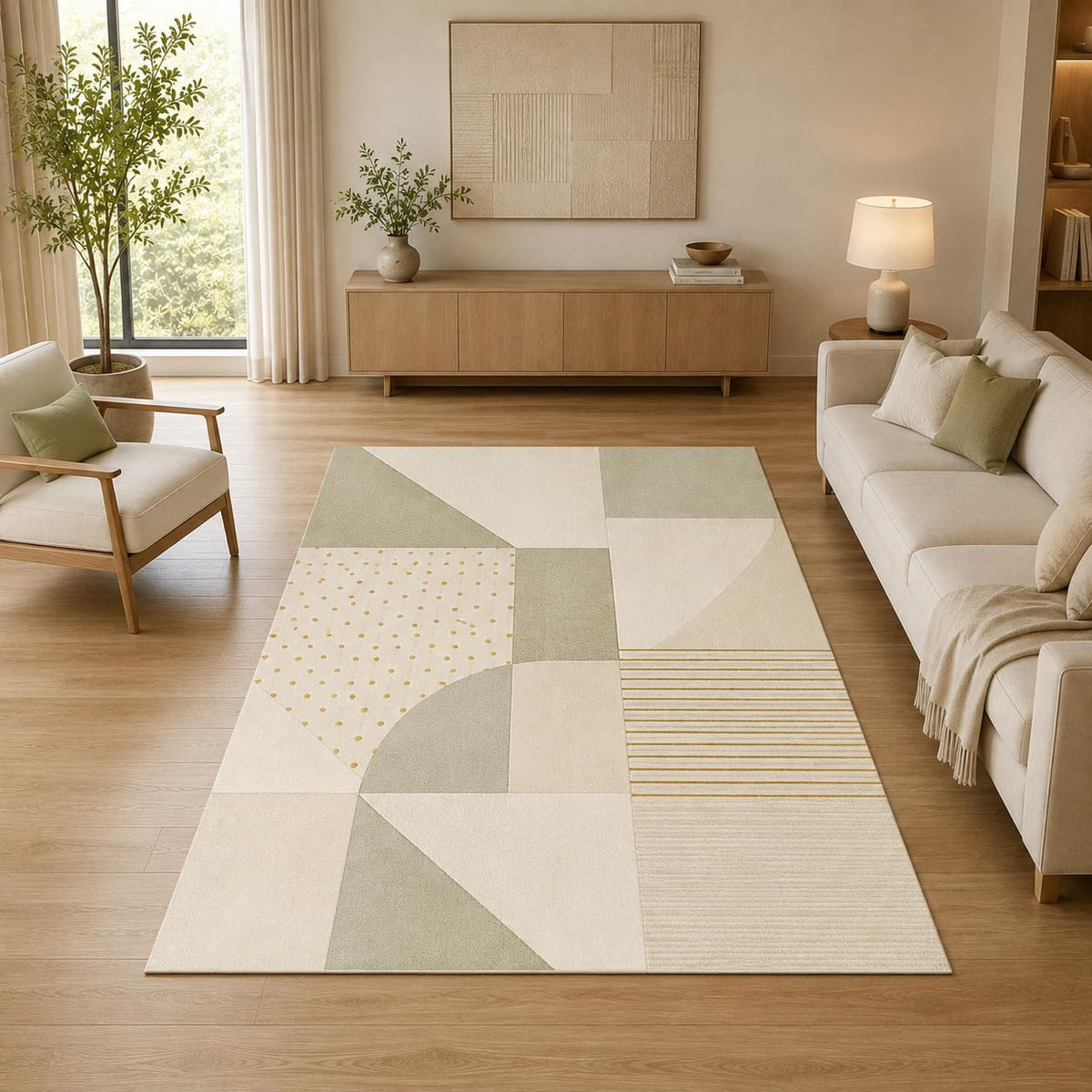 ICE ARMOR 5' x 7' Modern Geometric Patchwork Area Rug for Living Room, Soft Low Pile Indoor Rug with Non-Slip Silicone Backing, Decorative Carpet for Bedroom, Office, Family Room, Sage Green