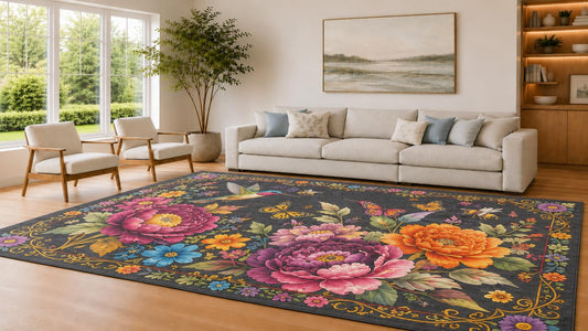 ICE ARMOR Large 6'7" x 9'10" Charcoal and Multi Color Peony Garden Accent Area Rug for Living Room, Soft Low Pile Carpet with Non-Slip Silicone Backing, Decor for Bedroom and Home Office