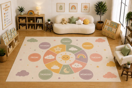 ICE ARMOR Large 6'7" x 9'10" Days of the Week Learning Area Rug for Kids Room, Classroom, Bedroom, Playroom Decor, Soft Low Pile Indoor Rug with Non-Slip Silicone Backing, Cream Pastel