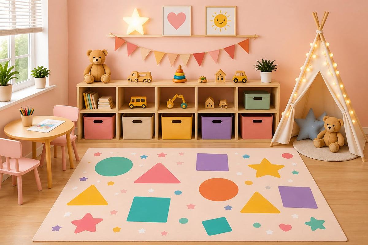 ICE ARMOR 5' x 7' Shapes Learning Area Rug for Kids Playroom Nursery Bedroom, Circle Square Triangle Star Educational Preschool Cartoon Decor, Non-Slip Silicone Backing Low Pile