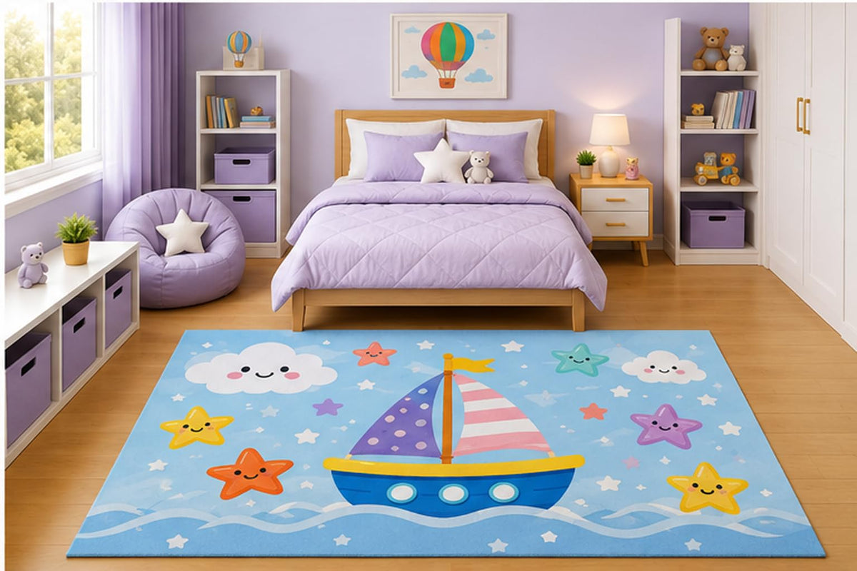 ICE ARMOR 5' x 7' Pastel Sailboat with Smiling Stars Area Rug for Kids Bedroom Nursery Playroom Scandinavian Minimalist Nautical Ocean Decor Non-Slip Silicone Backing Low Pile