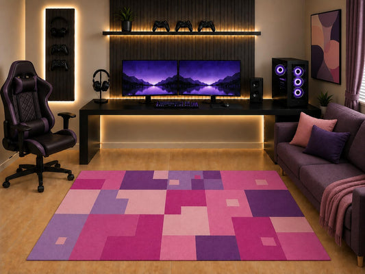ICE ARMOR "Ultra Light Weight 5' x 7' Pink Pixel Blocks Area Rug Geometric Abstract Gaming Style for Girls Teen Bedroom Game Room Playroom Non-Slip Silicone Backing Low Pile