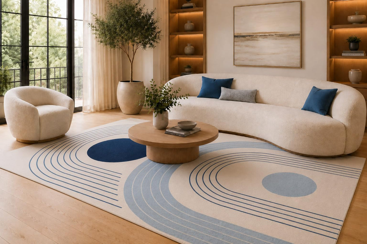 ICE ARMOR 6'7" x 9'10" Blue and Cream Curved Line Circles Area Rug for Living Room, Soft Low Pile Carpet with Non-Slip Silicone Backing, Floor Decor for Bedroom, Dining Area and Home Office