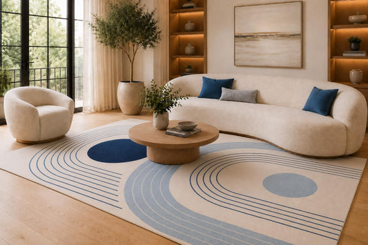 ICE ARMOR 6'7" x 9'10" Blue and Cream Curved Line Circles Area Rug for Living Room, Soft Low Pile Carpet with Non-Slip Silicone Backing, Floor Decor for Bedroom, Dining Area and Home Office