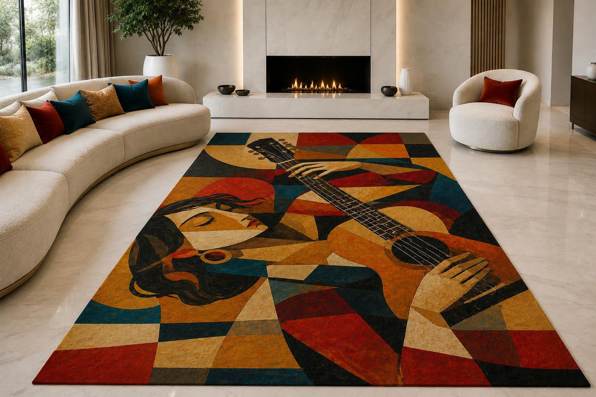 ICE ARMOR "Ultra Lightweight Large 6'7" x 9'10" African Woman Area Rug for Living Room, Bedroom and Home Office, Soft Low Pile Carpet with Non-Slip Silicone Backing, Black and Orange