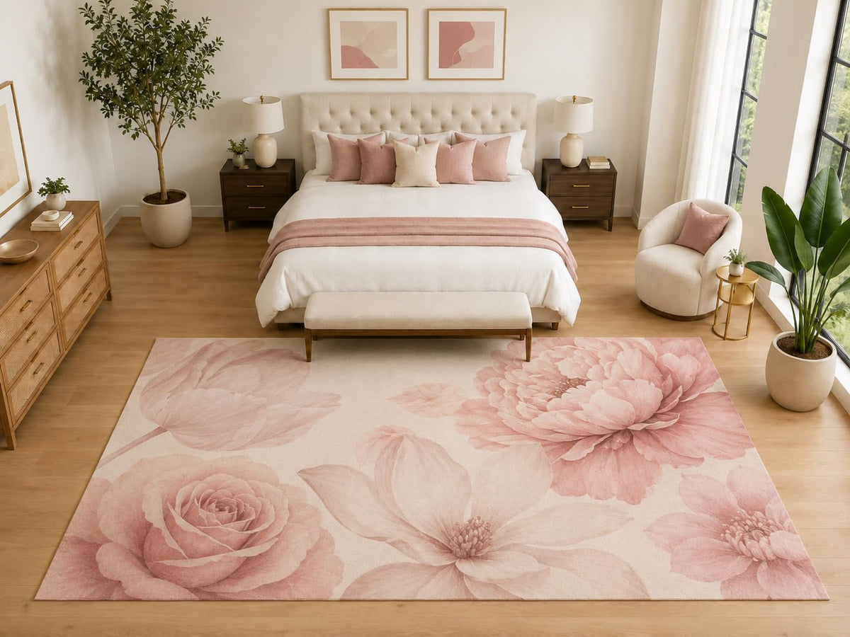 ICE ARMOR "Ultra Light Weight Large 6'7" x 9'10" Peony Rose Magnolia Rug, Soft Low Pile Indoor Rug, Non-Slip Silicone Backing for Bedroom Blush Pink