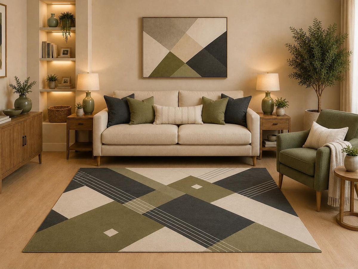 ICE ARMOR "Ultra Light Weight 5' x 7' Modern Geometric Area Rug Olive Green Charcoal Cream Abstract Linear Pattern for Living Room Bedroom Dining Room Office Non-Slip Silicone Backing Low Pile