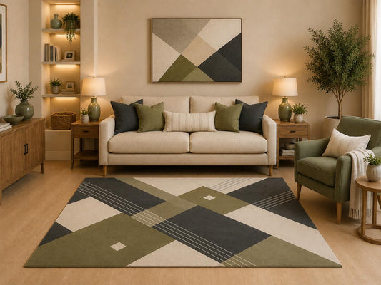 ICE ARMOR "Ultra Light Weight 5' x 7' Modern Geometric Area Rug Olive Green Charcoal Cream Abstract Linear Pattern for Living Room Bedroom Dining Room Office Non-Slip Silicone Backing Low Pile