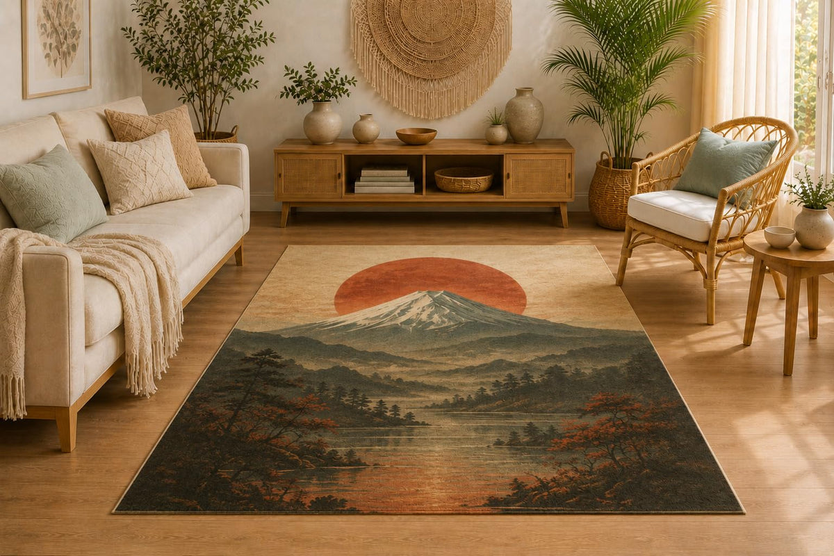 ICE ARMOR 5' x 7' Mount Fuji Sunrise Area Rug for Living Room, Soft Low Pile Indoor Rug with Non-Slip Silicone Backing, Decorative Carpet for Bedroom, Office, Beige